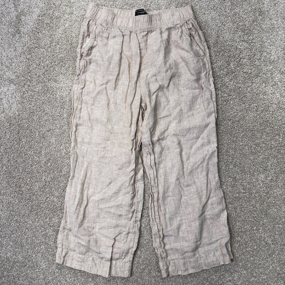 Tahari Linen Pants Mens L Wide Leg Beige European Flax Elastic Waist EUC